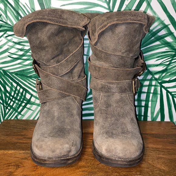 Felmini Distressed Brown Suede Leather Tanker Strap Ankle Boots Women’s 39/8.5-9 - Picture 2 of 10